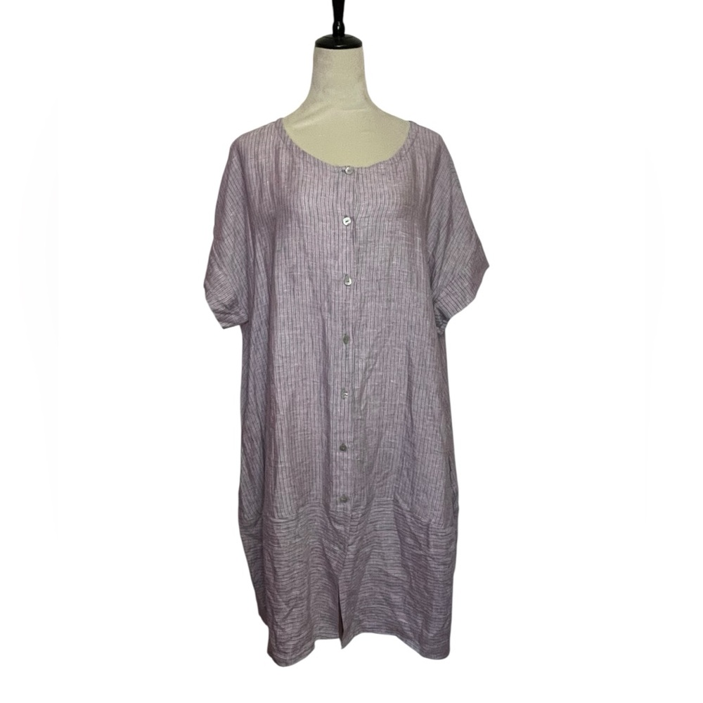 Mena Cinque Positano 100% linen  Striped Button-Down Dress